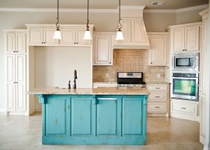 Distressed Turquoise Island With Cream Glazed Cabinets Stone pertaining to proportions 2787 X 1991