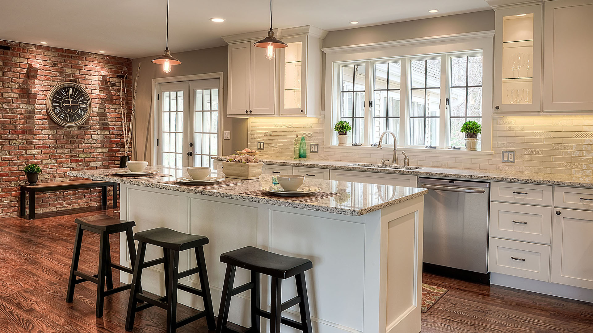 Kitchen With Counter Depth Wide Windows Brick Wall within measurements 1920 X 1080