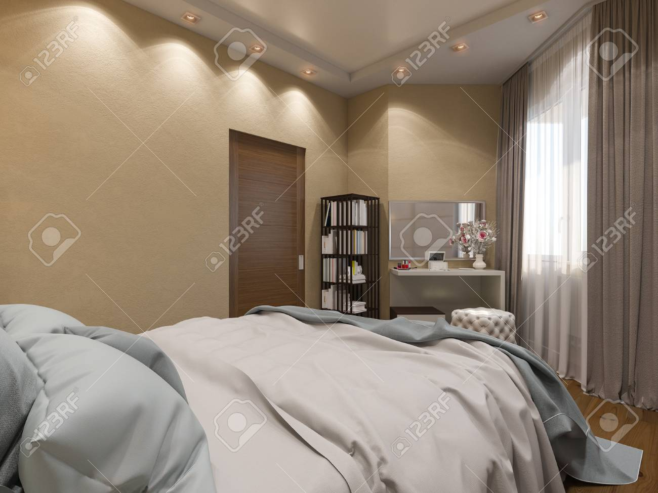 3d Render Of Interior Design Of A Bedroom In Beige Color Stock within dimensions 1300 X 975