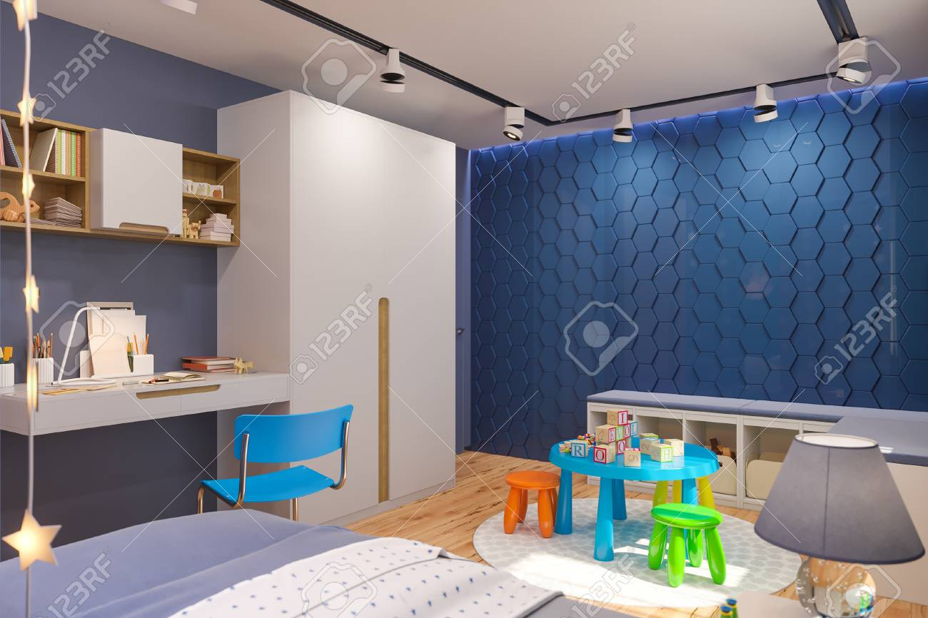 3d Render Of The Childrens Bedroom In Deep Blue Color Visualization throughout size 1300 X 866