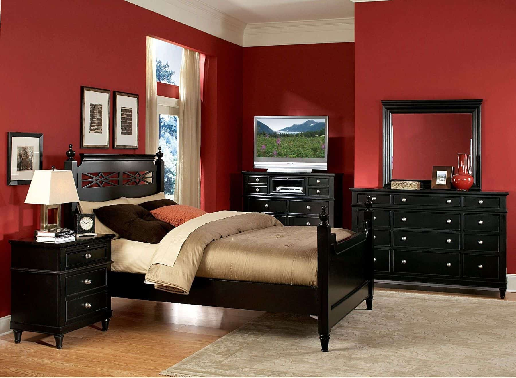 Bedroom With Black Furniture And Red Walls Bold Red Bedroom Color with regard to proportions 1800 X 1318