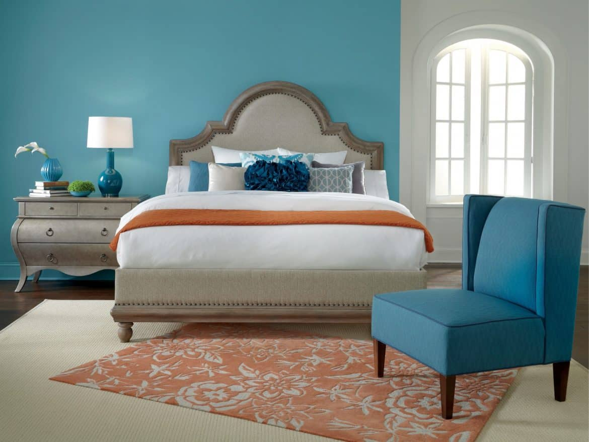 Bright Bedroom Design With Light Blue Accent Wall Color And Orange with regard to measurements 1170 X 878