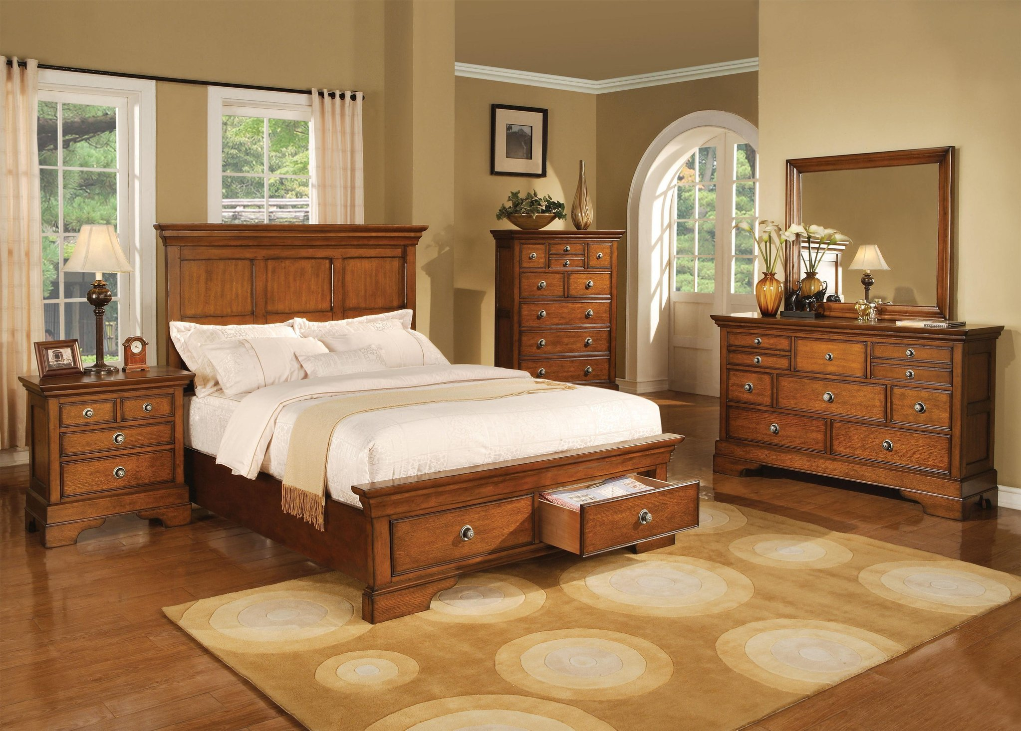 King Panel Bedroom Set In Light Brown Finish Bedroom Furniture throughout proportions 2046 X 1466