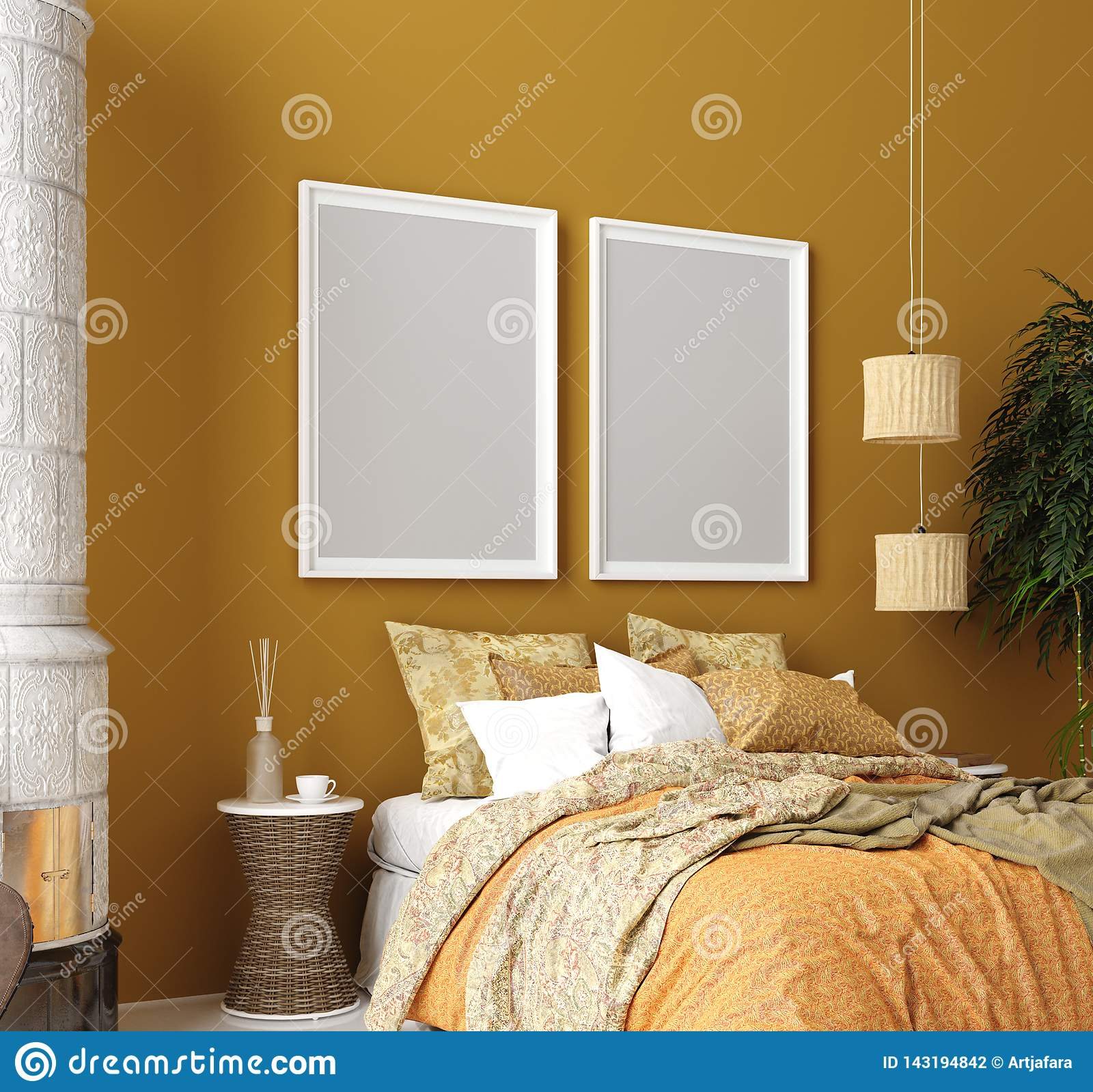 Mock Up Poster Mustard Color Bedroom Interior With Patterned Bed regarding sizing 1600 X 1599