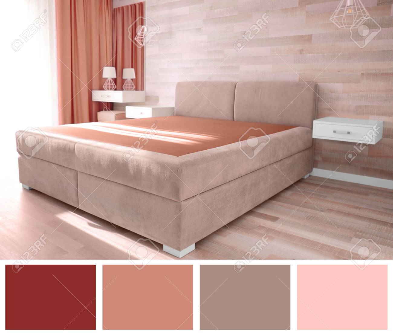 Modern Interior Of Bedroom And Palette With Salmon Color Stock Photo regarding size 1300 X 1103