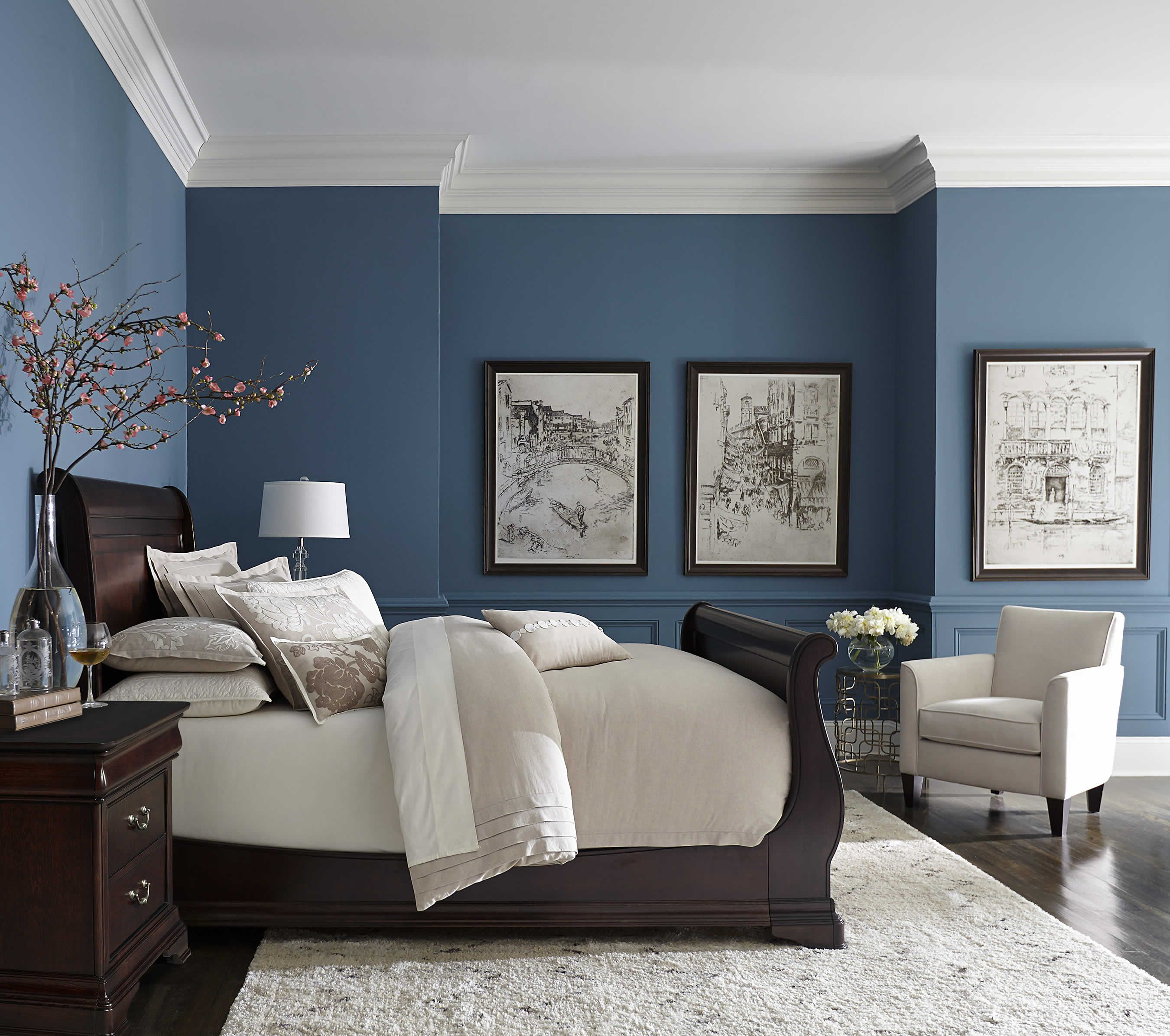 Pretty Blue Color With White Crown Molding Grayish Bedroom Decor in measurements 2700 X 2391