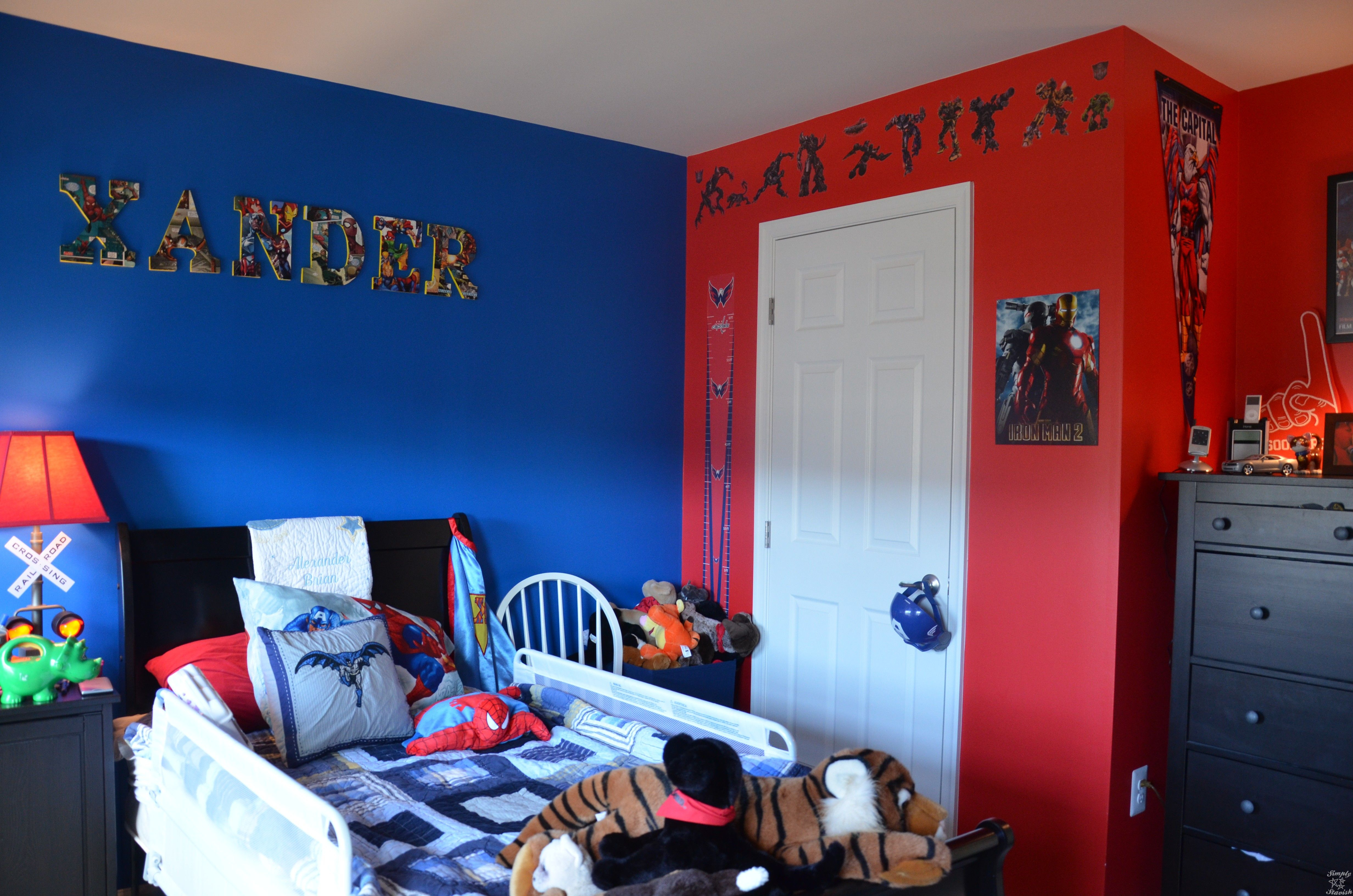 Red Blue Superhero Theme Boys Bedroom With Red And Blue Walls throughout sizing 4928 X 3264