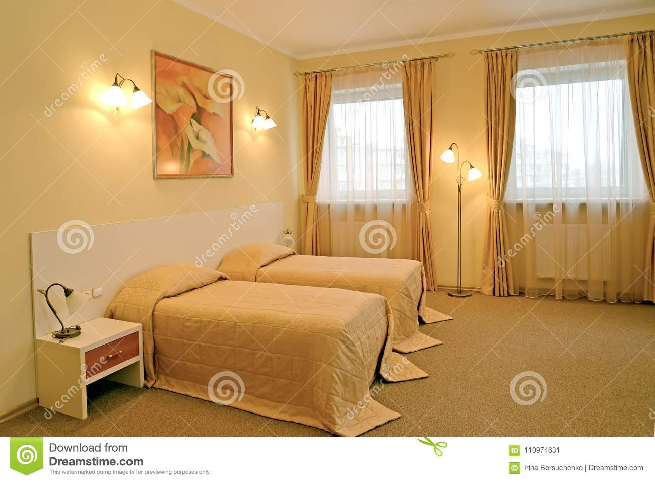 The Classical Bedroom With Two Beds In Warm Colors Stock Image inside size 1300 X 957