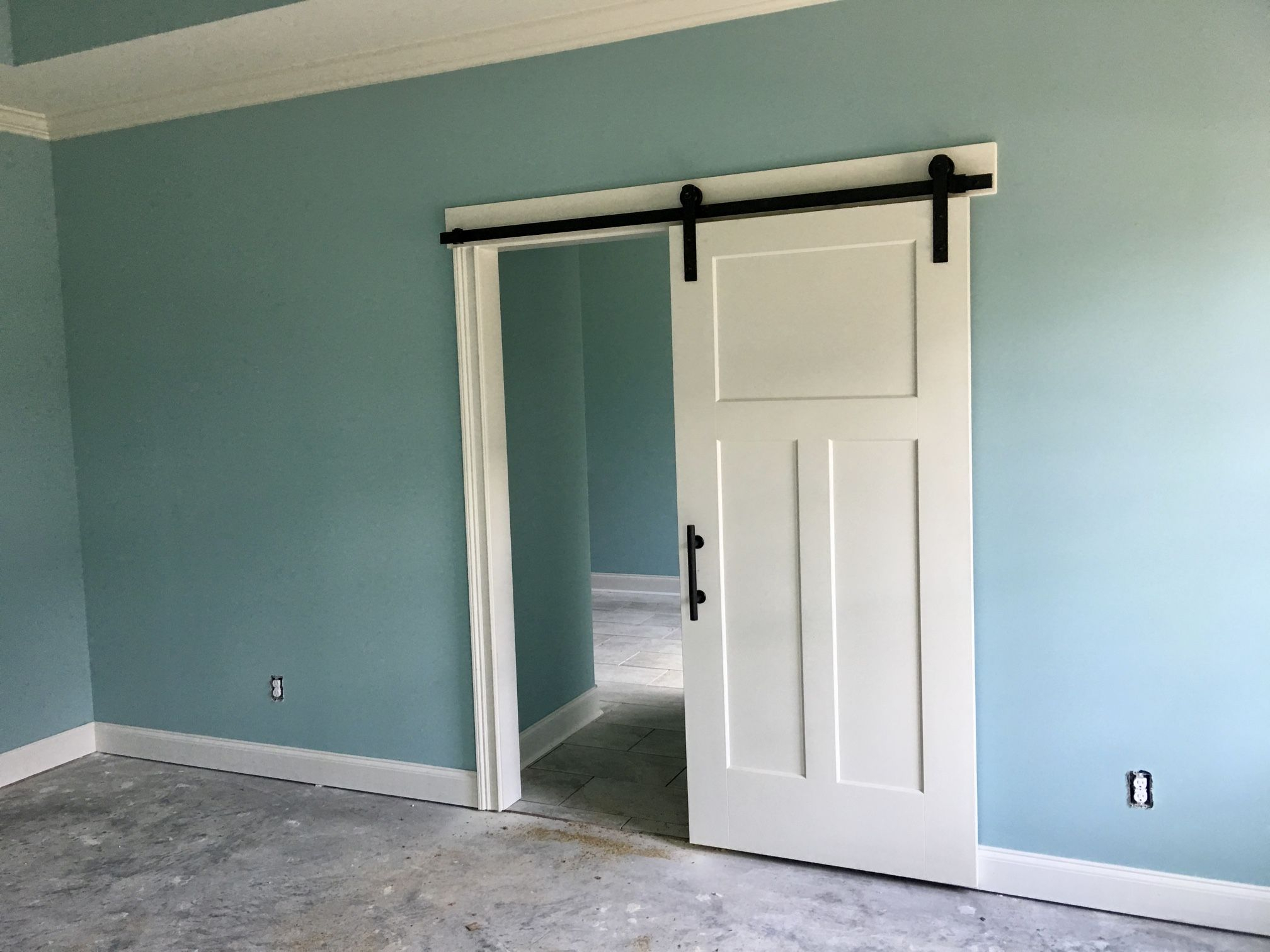 Bedroom Worn Turquoise Paint Color And Barn Door throughout size 2016 X 1512