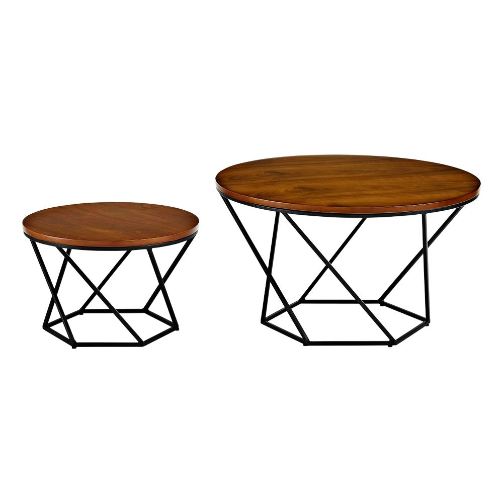 Geometric Walnut Top Black 2 Piece Nesting Coffee Table Set inside size 1000 X 1000
