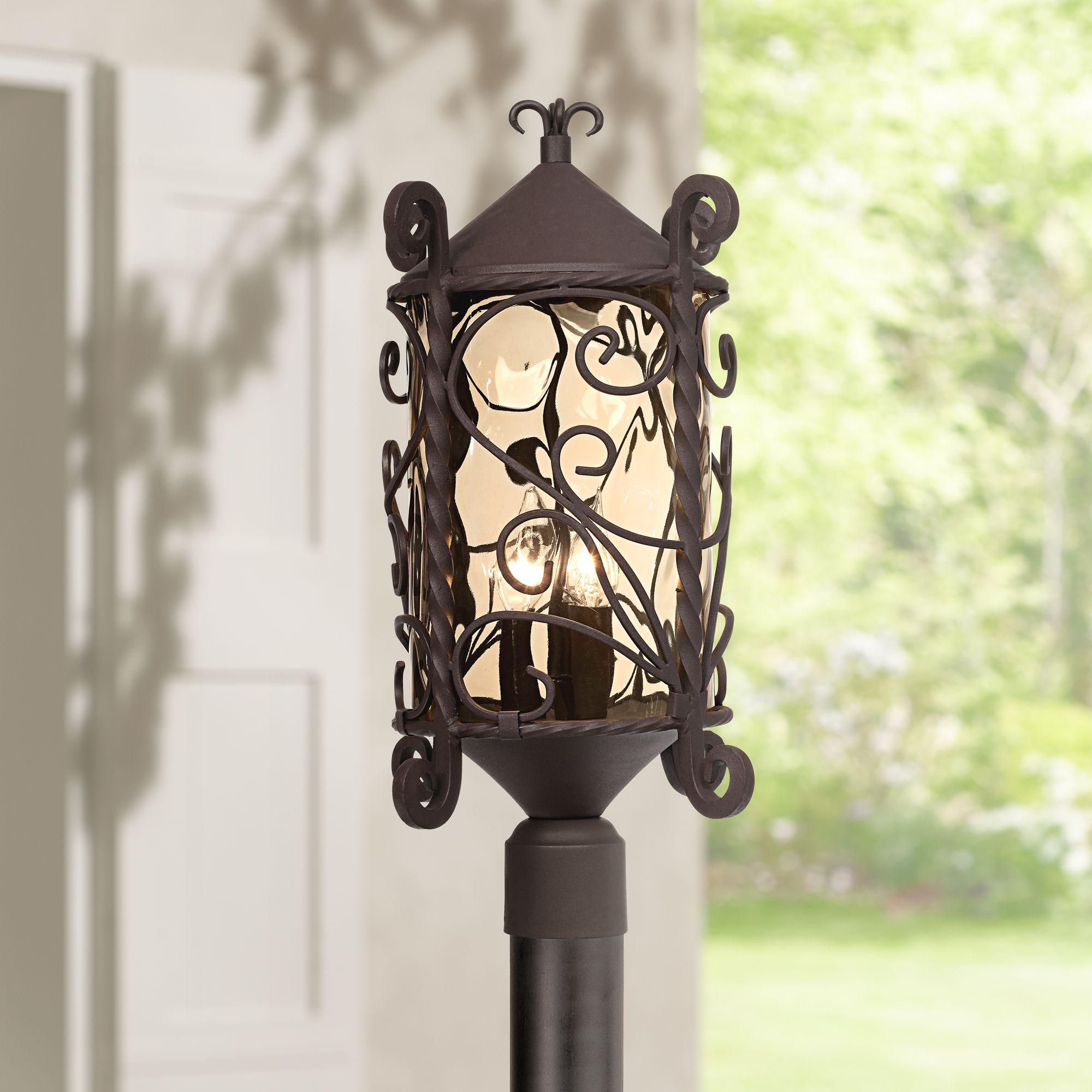 John Timberland Traditional Post Light Fixture Dark Walnut Spanish Iron Scroll 23 12 Champagne Hammered Glass For Porch Garden Walmart with proportions 2000 X 2000