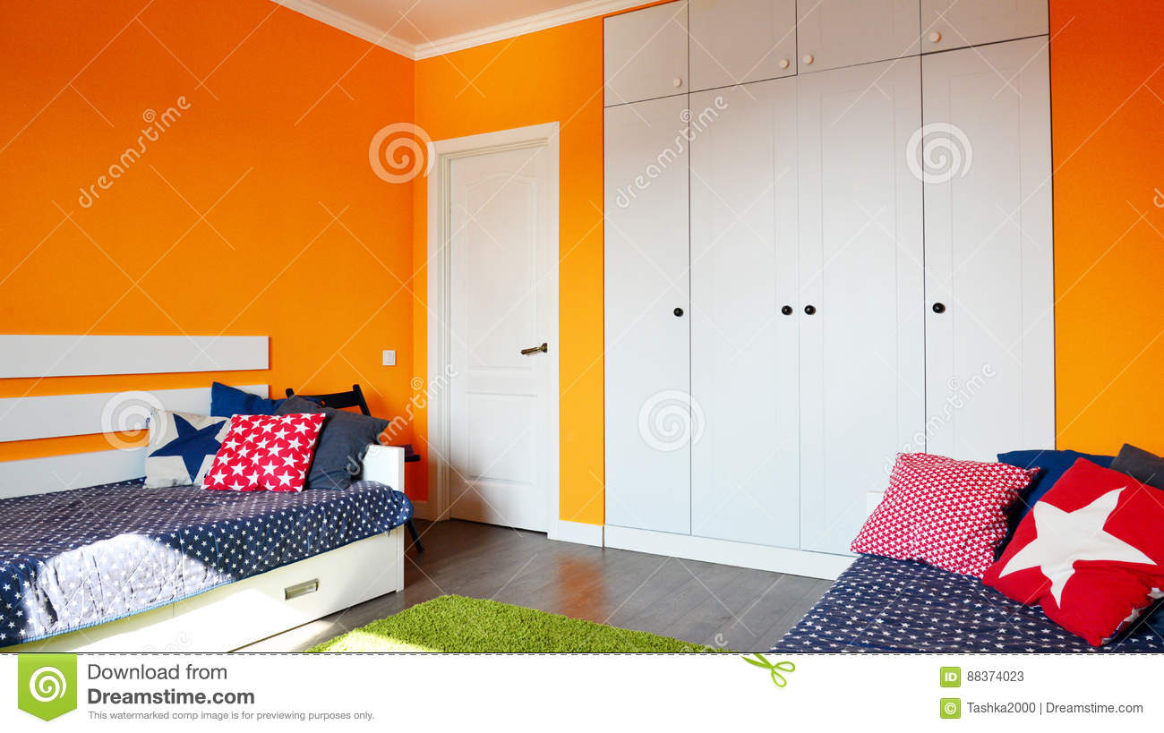 Kids Bedroom In Orange And Blue Colors Stock Image Image within dimensions 1300 X 819
