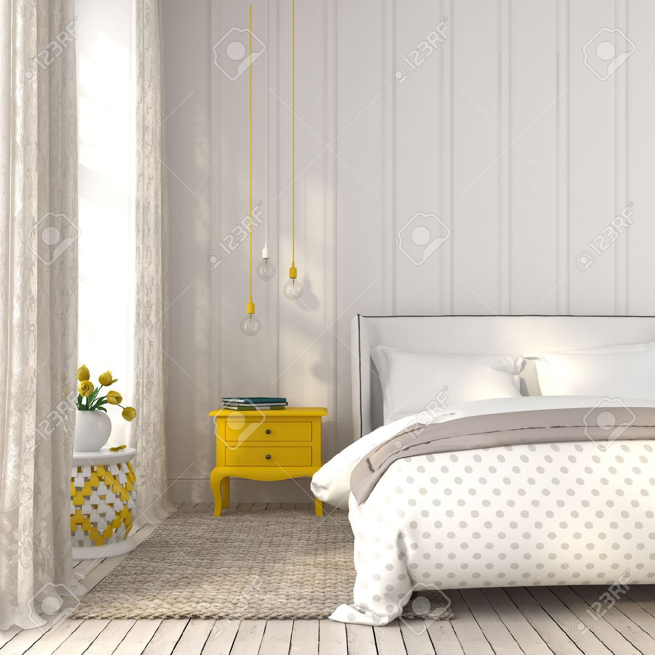 Modern Bedroom In White Color With Yellow Accents intended for sizing 1300 X 1300