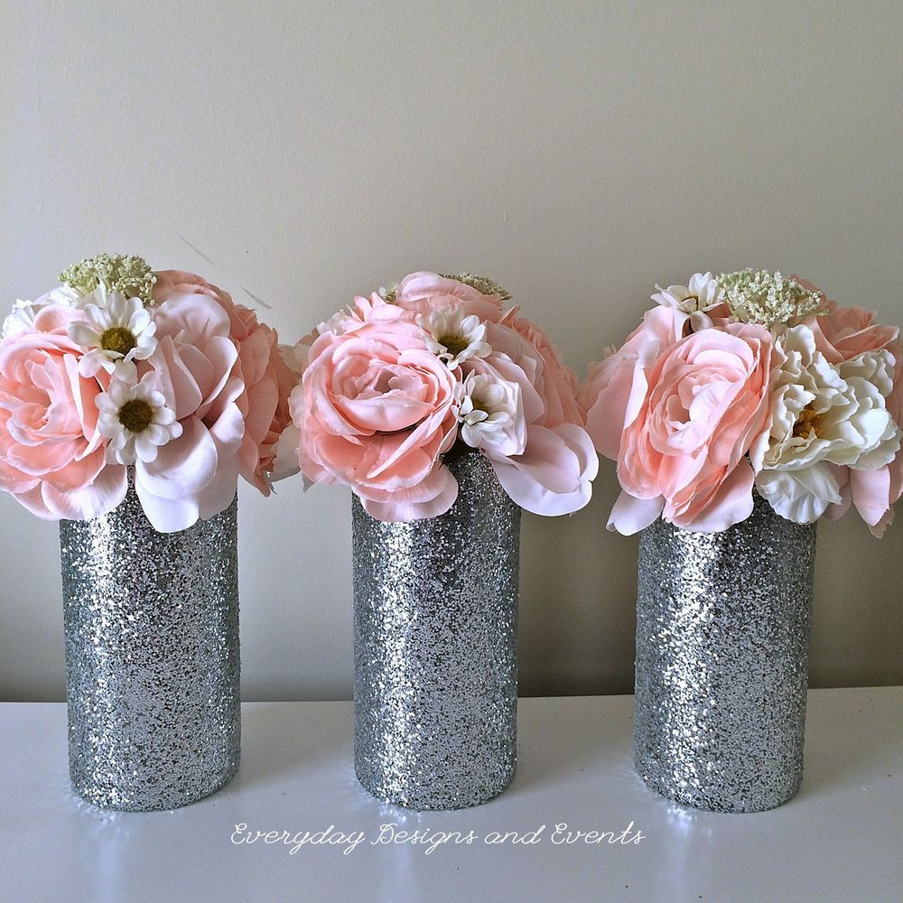 3 Silver Glitter Vase Wedding Centerpiece Decorations Party in proportions 1000 X 1000