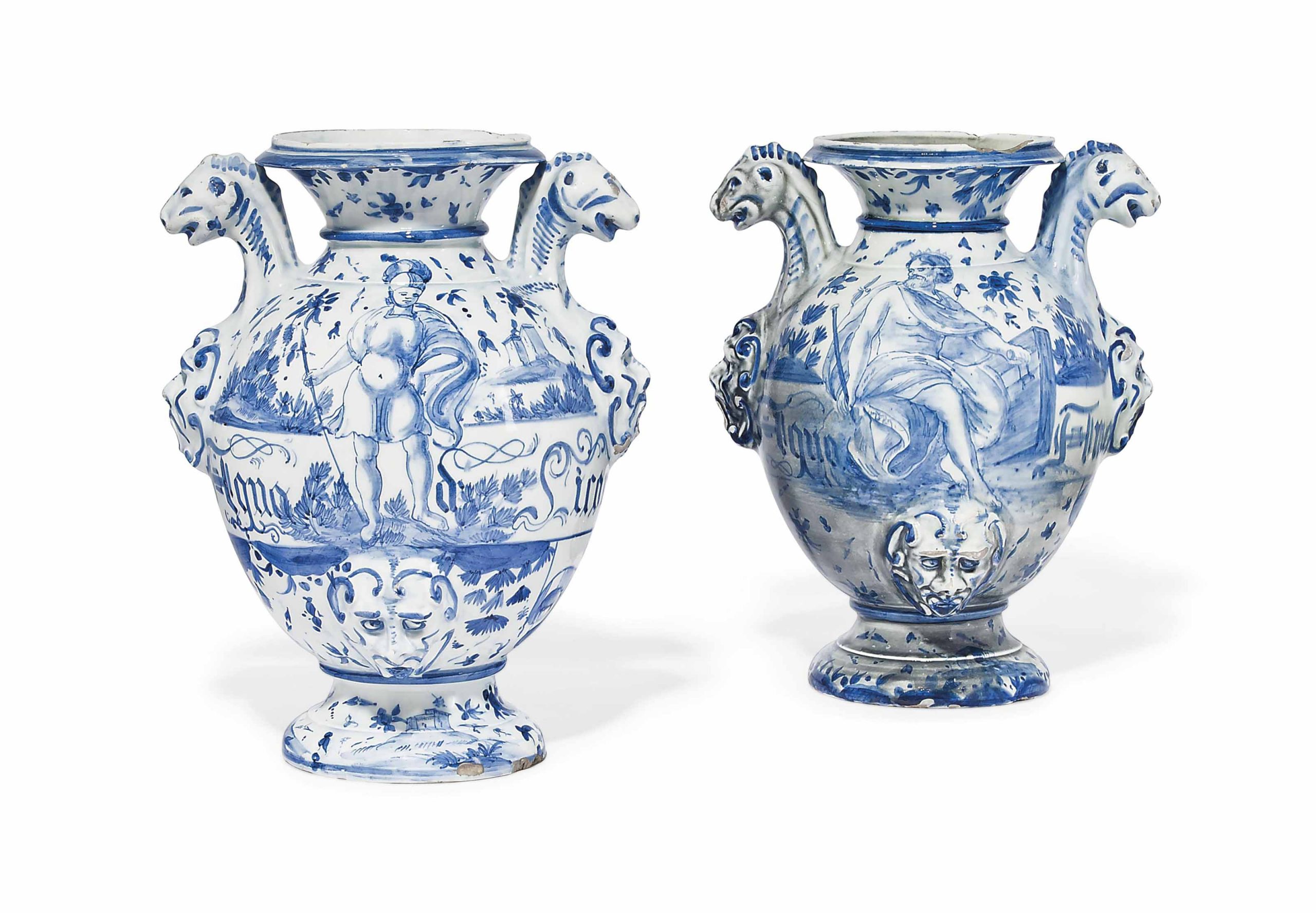 A Pair Of Italian Maiolca Two Handled Blue And White Vases for size 3200 X 2220