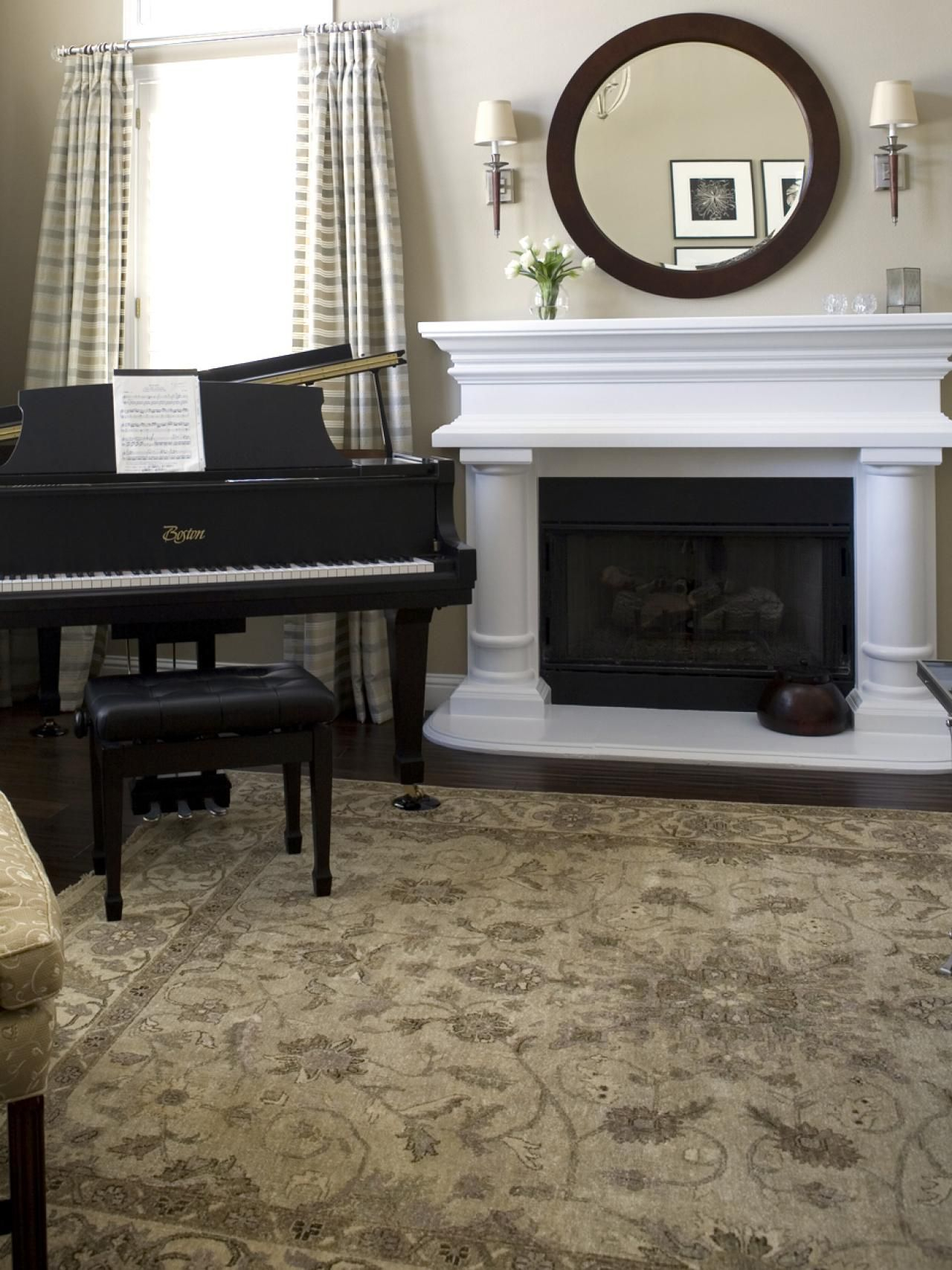 A Piano Is Positioned Beside A White Marble Fireplace The pertaining to measurements 1280 X 1707