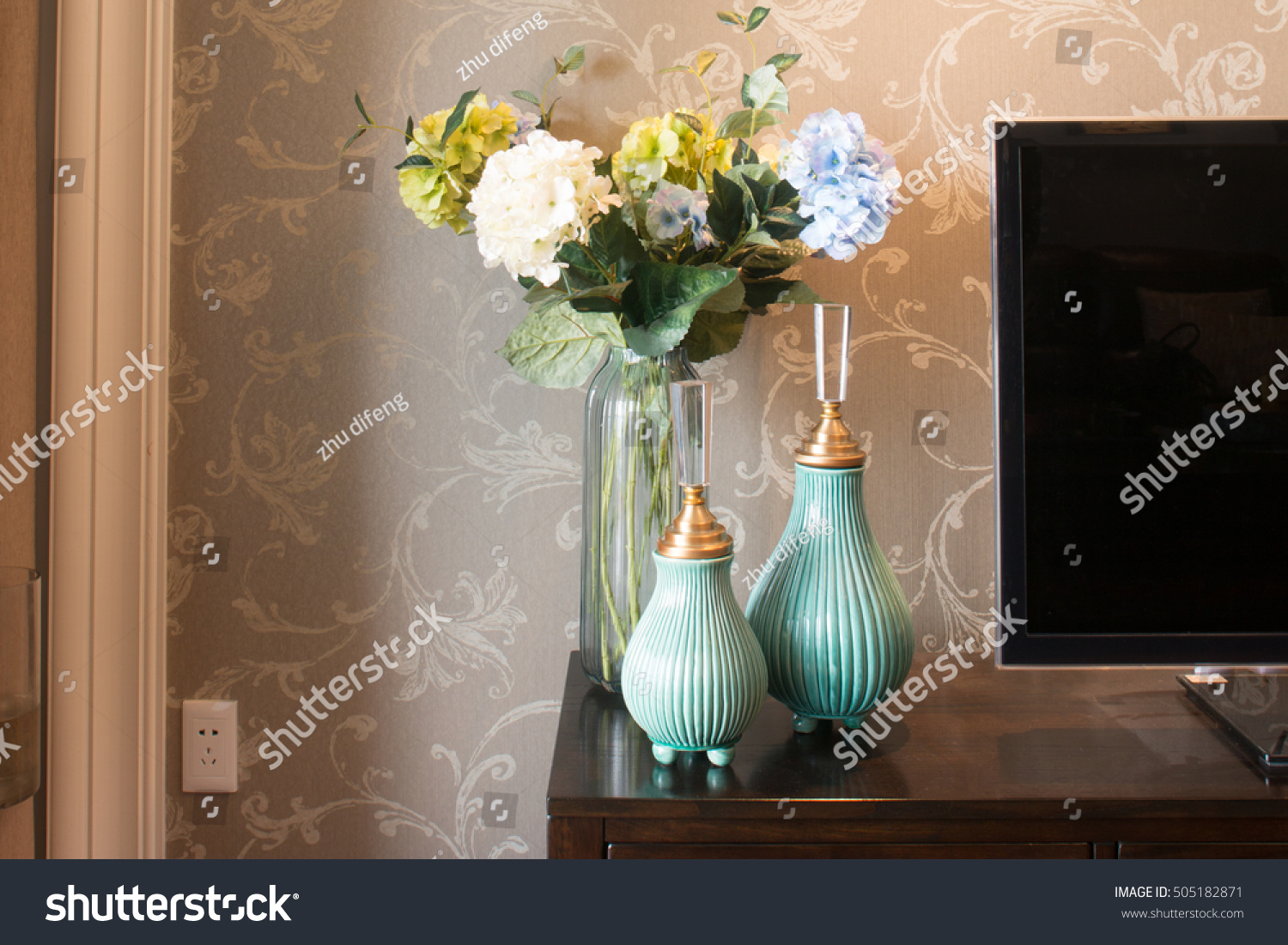 Beautiful Vases Near Tv Modern Living Stock Image Download Now intended for sizing 1500 X 1101