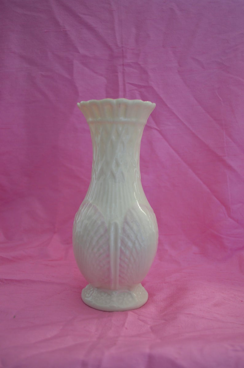 Belleek Vase Ireland Shell Design Whitepinkgold Trim Vintage intended for proportions 794 X 1195