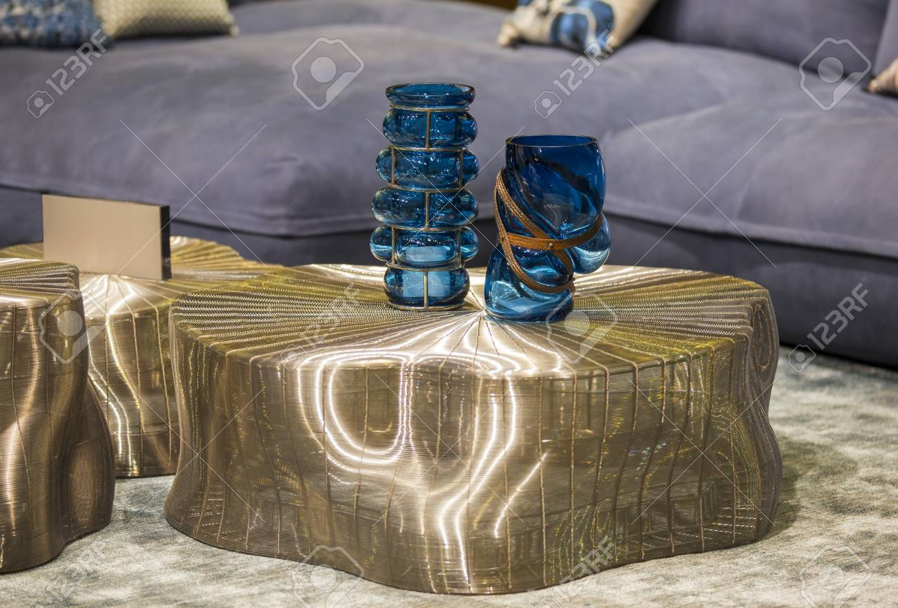 Blue Fashionable Glass Vases On The Gold Modern Table Stylish in dimensions 1300 X 880