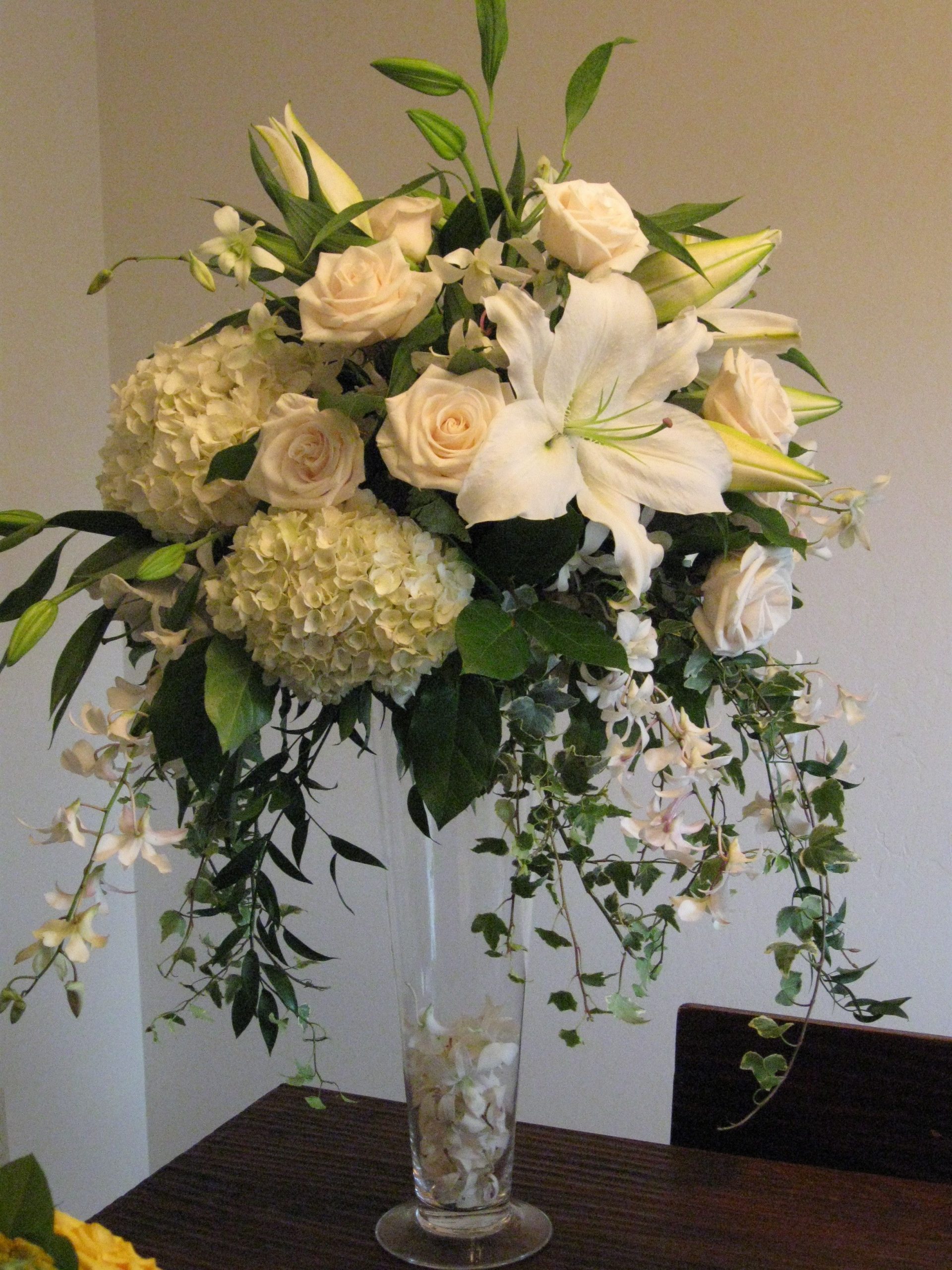 Centerpiece White Roses Hydrangea Orchids Tall Vendela within dimensions 2448 X 3264