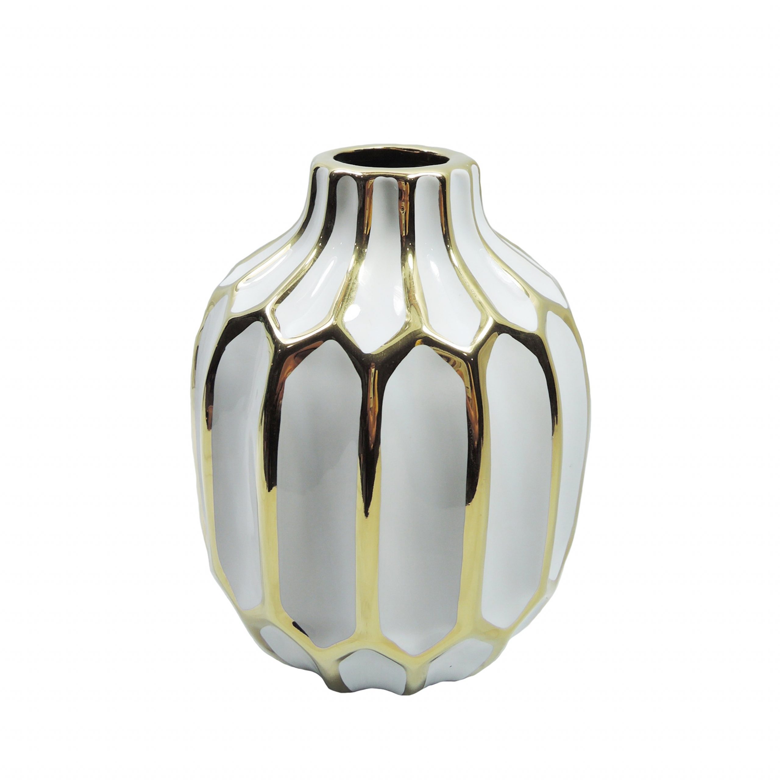 Embossed Ceramic Round Vase With Small Mouth Open White And Gold with size 3500 X 3500