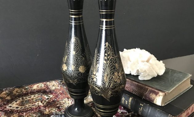 Etched Metal Indian Vase Tall Flower Vase Bohemian Decor Ornate Romantic Black And Gold in proportions 2668 X 2668