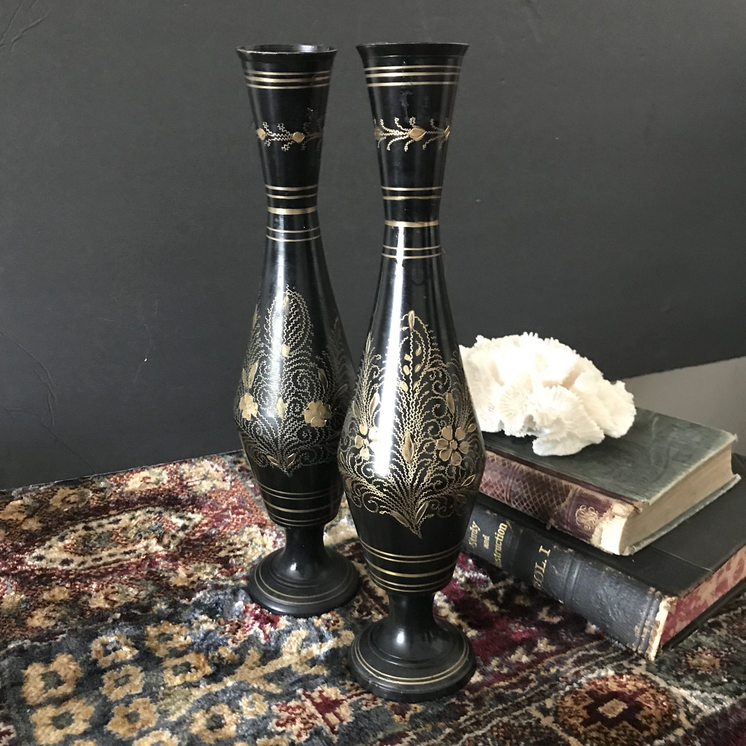 Etched Metal Indian Vase Tall Flower Vase Bohemian Decor Ornate Romantic Black And Gold in proportions 2668 X 2668