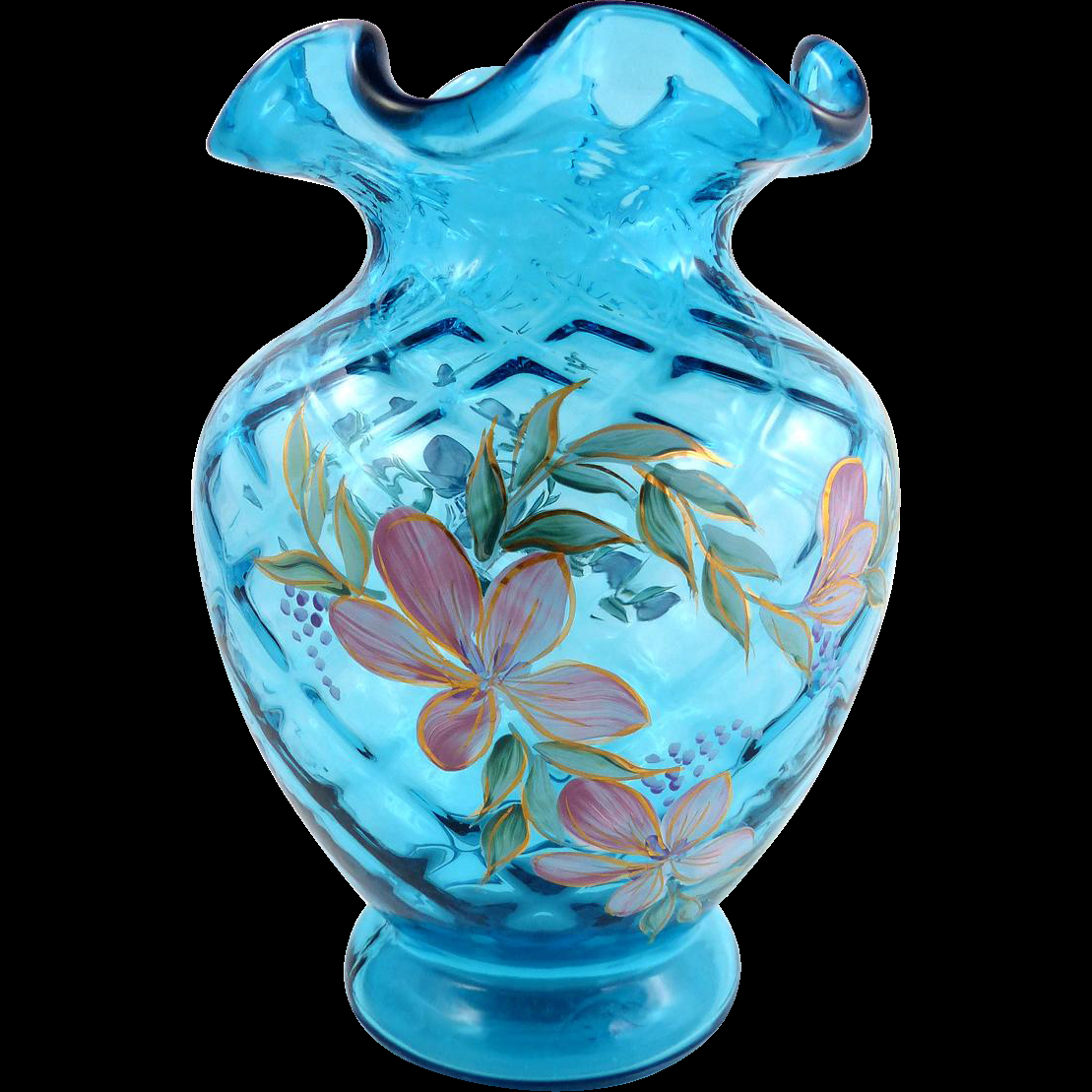 Fenton Diamond Optic Ocean Blue Hand Painted Vase For Qvc intended for sizing 1109 X 1109