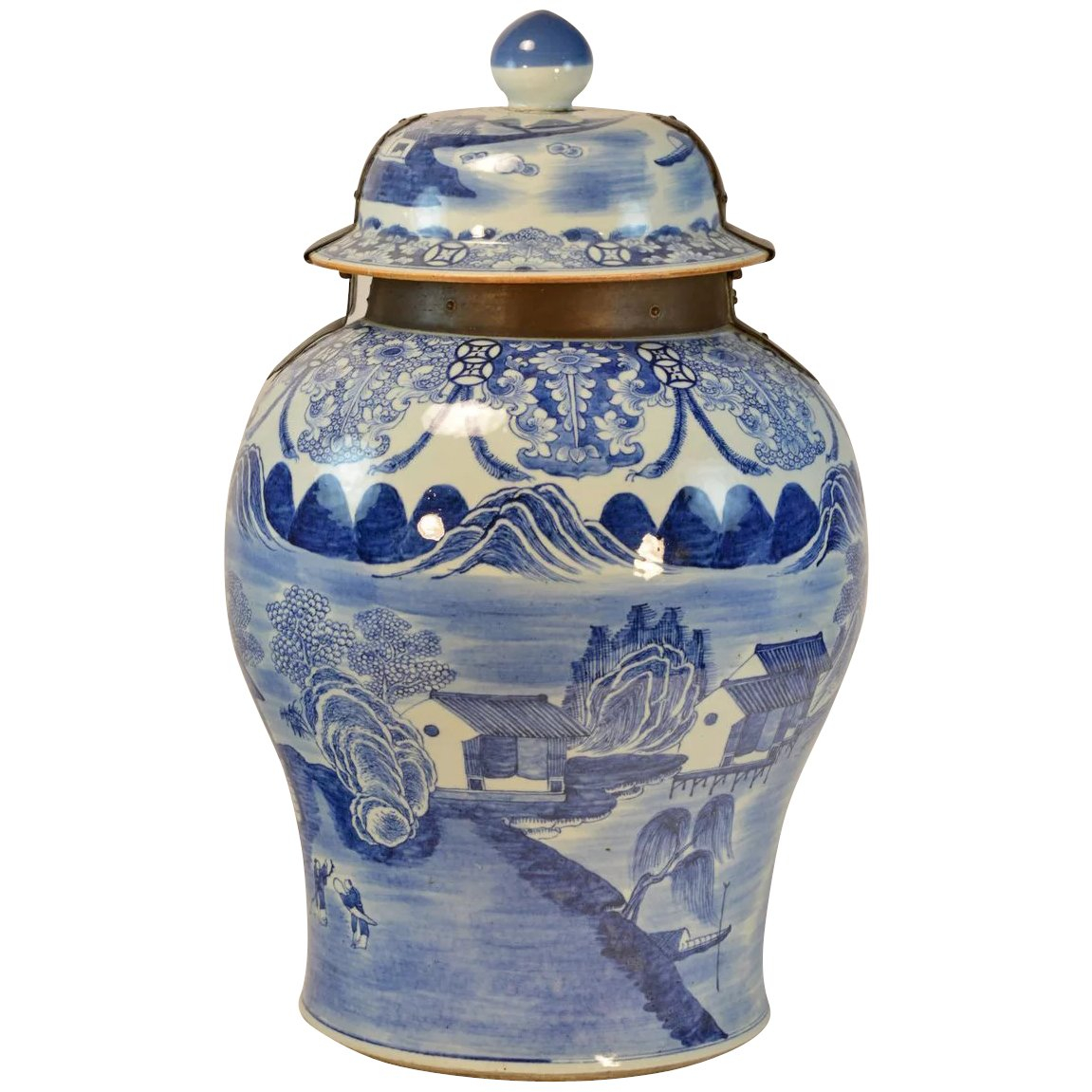 Giant 18th Century Chinese Blue White Porcelain Palace Floor Vase Or Jar With Cover Decorated With Landscape Scene intended for proportions 1151 X 1151