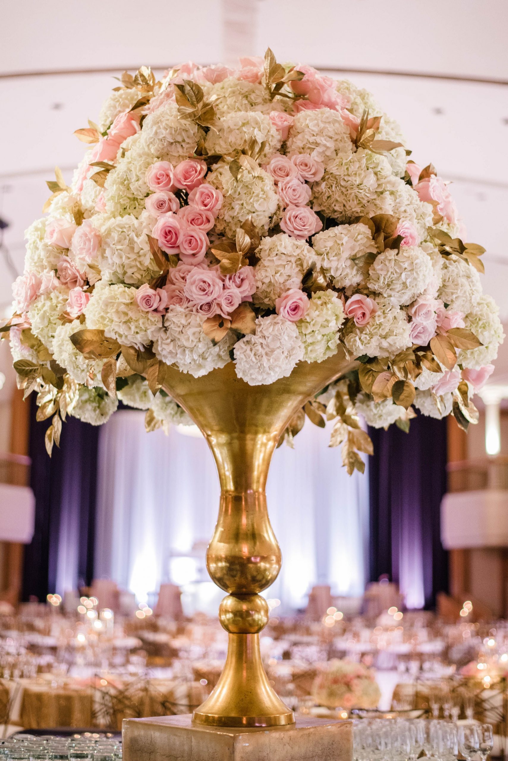 Gold Vase Centerpiece With Hydrangeas And Pink Roses Gold pertaining to measurements 2830 X 4239