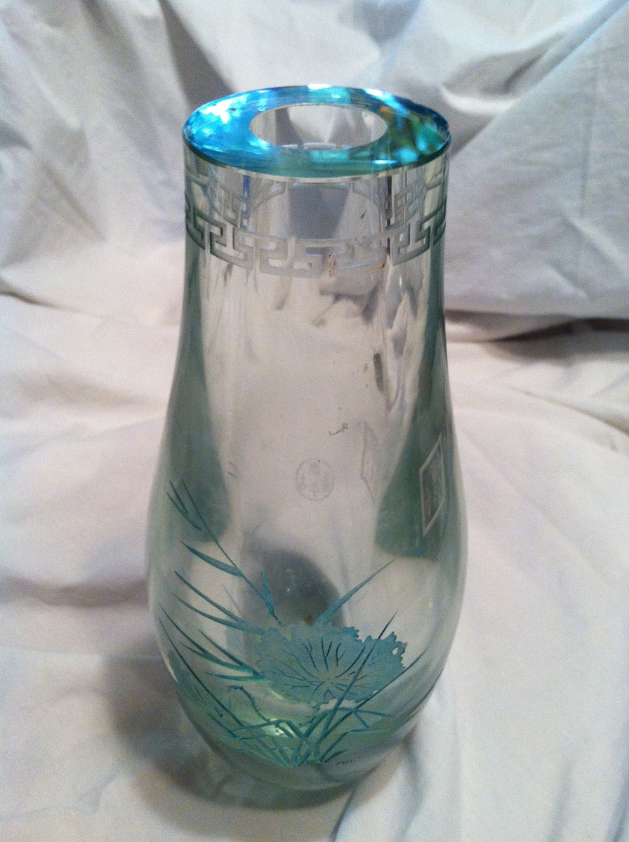 Heavy Etched Crystal Vase With Chinese Markings And A Label with regard to proportions 896 X 1200
