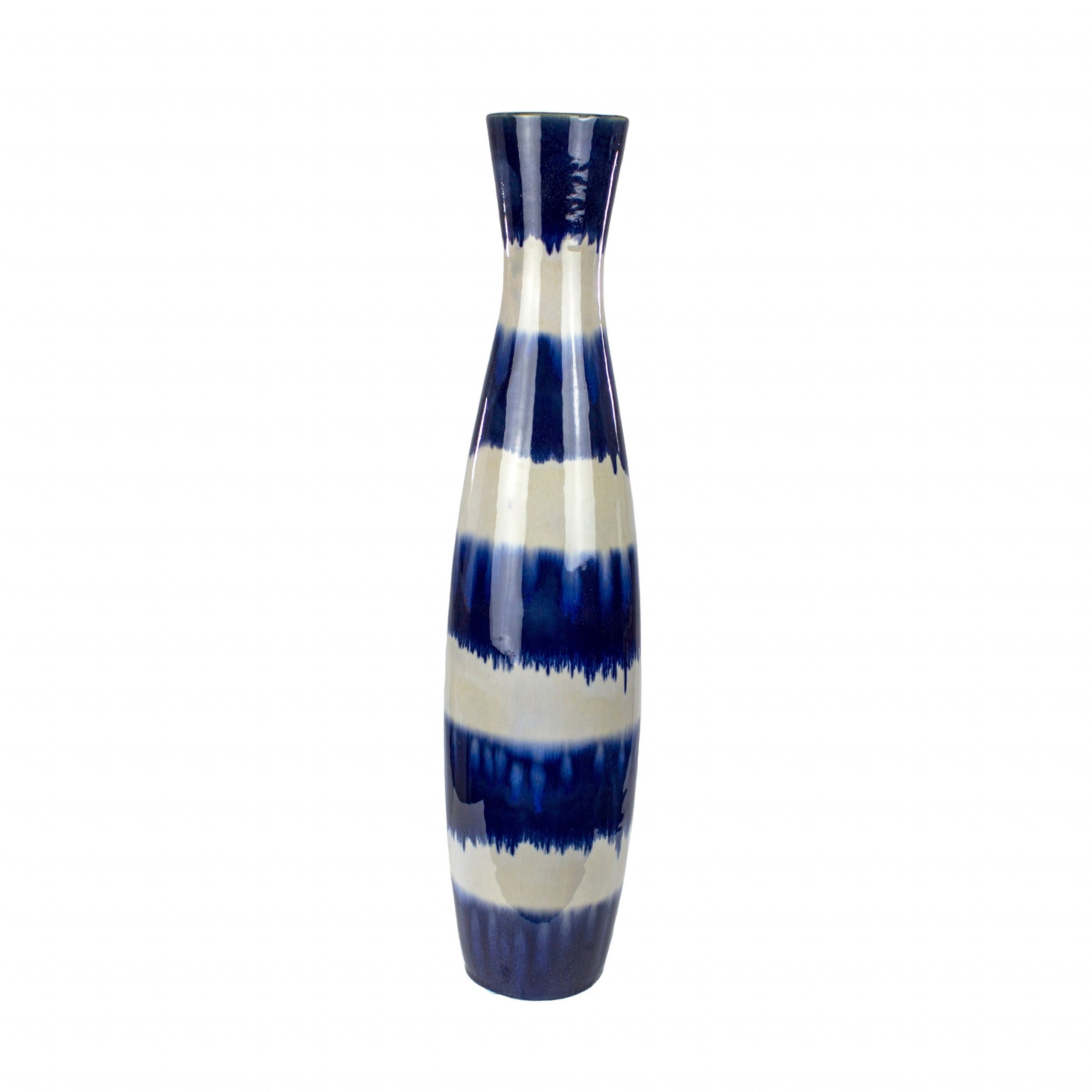 Horizontal Striped Patterned Decorative Ceramic Vase With Flared Top White And Blue in size 3500 X 3500
