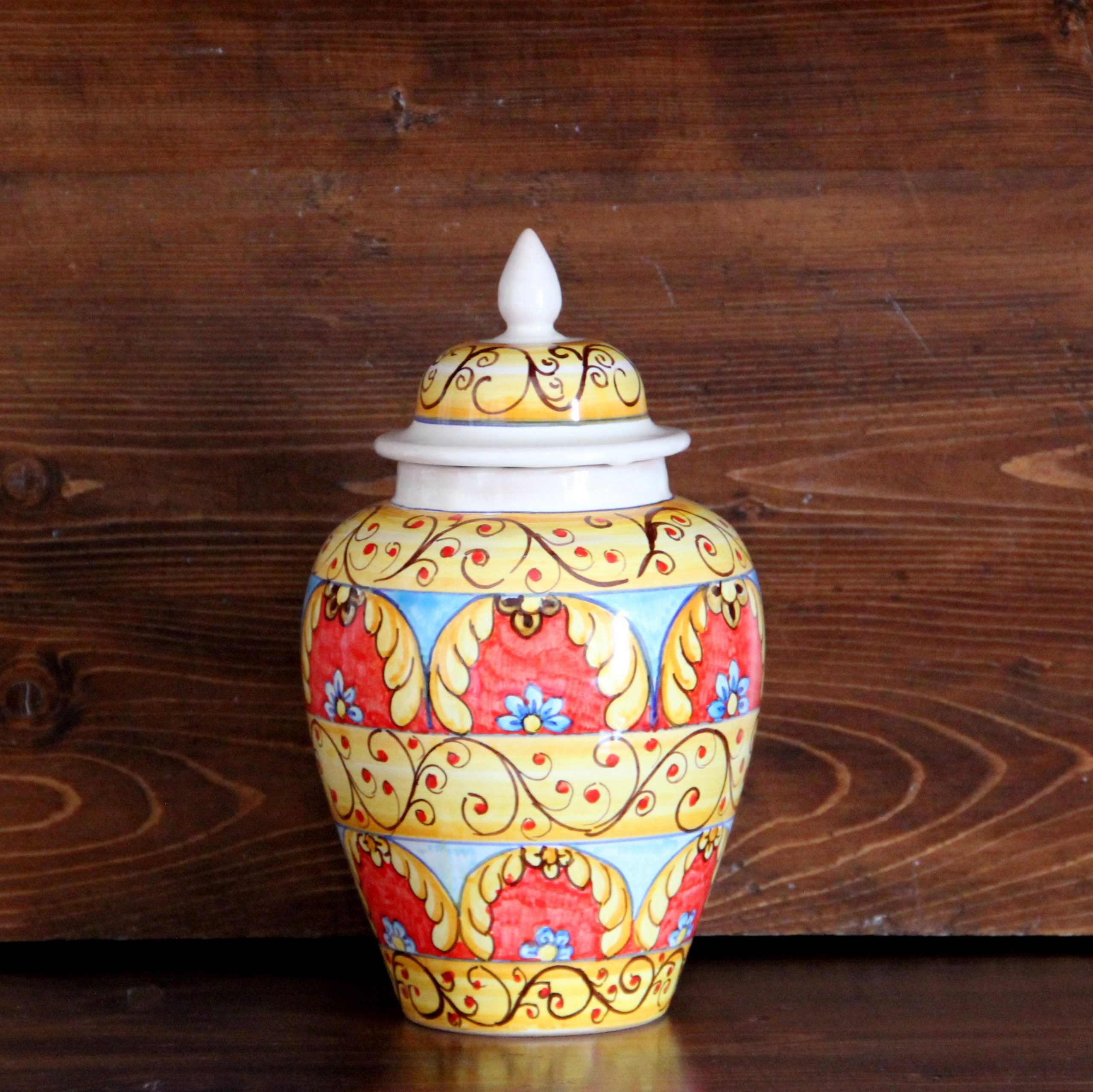 Italian Ceramic Red Vase With Lid Red Yellow Orange Blue with size 2739 X 2737