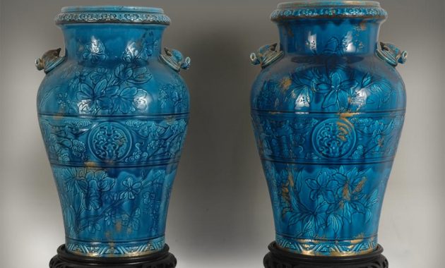 Longwy Faience Pair Of Vases On A Wood Base Ceramic intended for size 1000 X 800