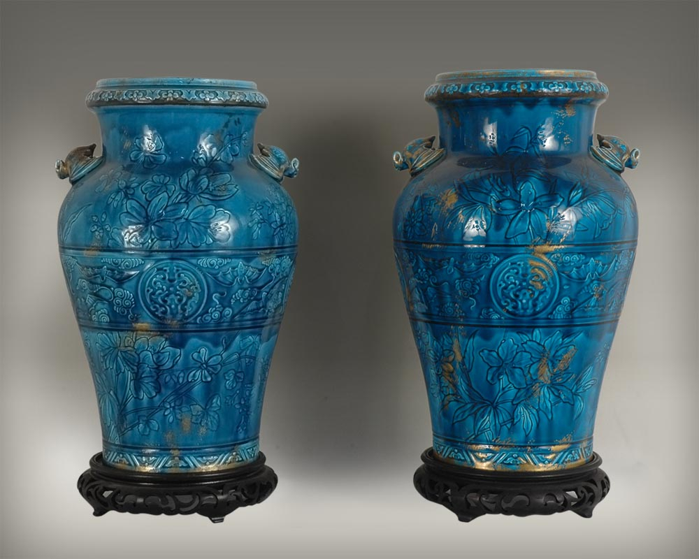 Longwy Faience Pair Of Vases On A Wood Base Ceramic intended for size 1000 X 800