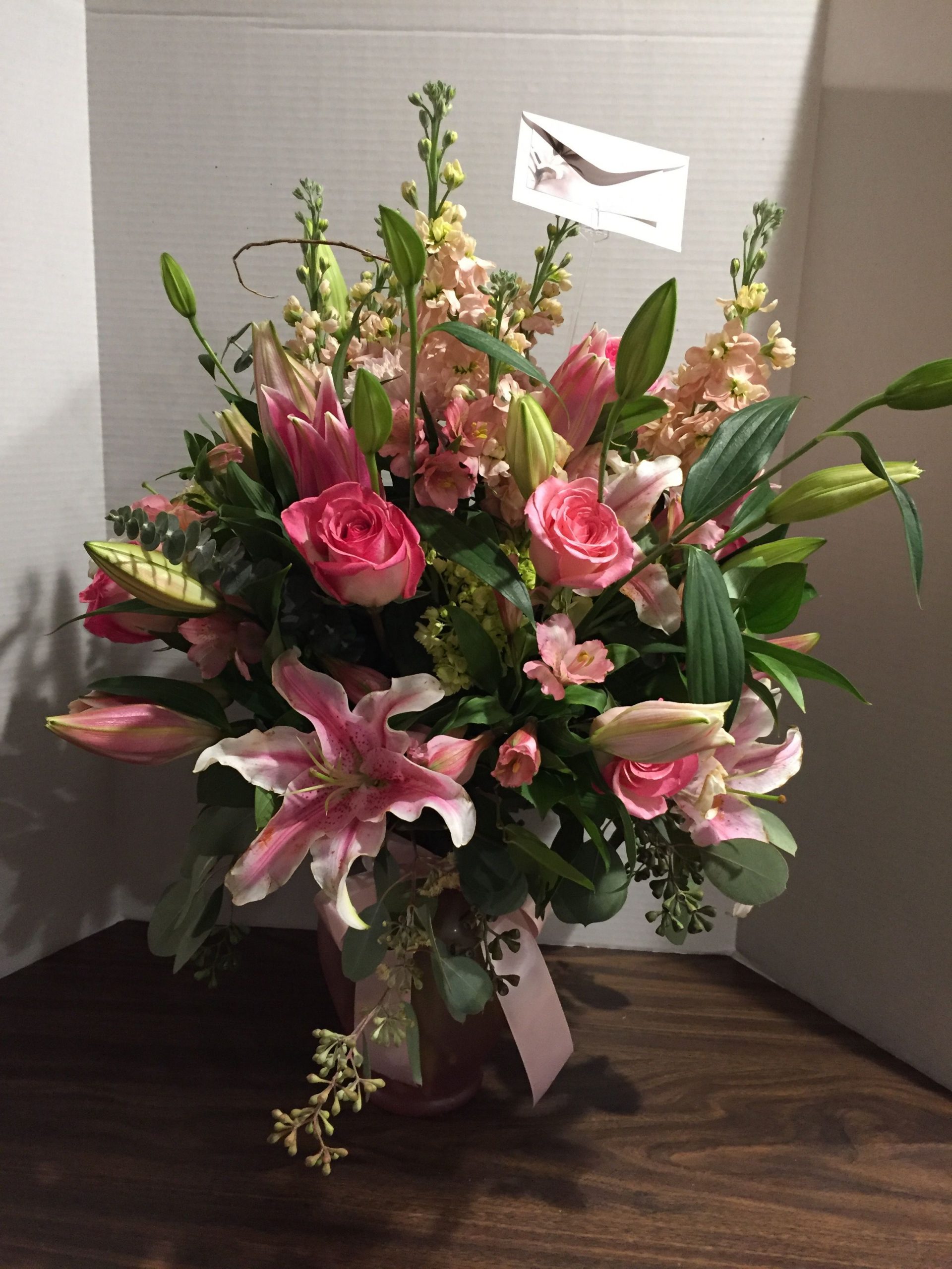 Memorial Arrangement In Vase With Lilies Roses Stock Mums inside dimensions 2448 X 3264