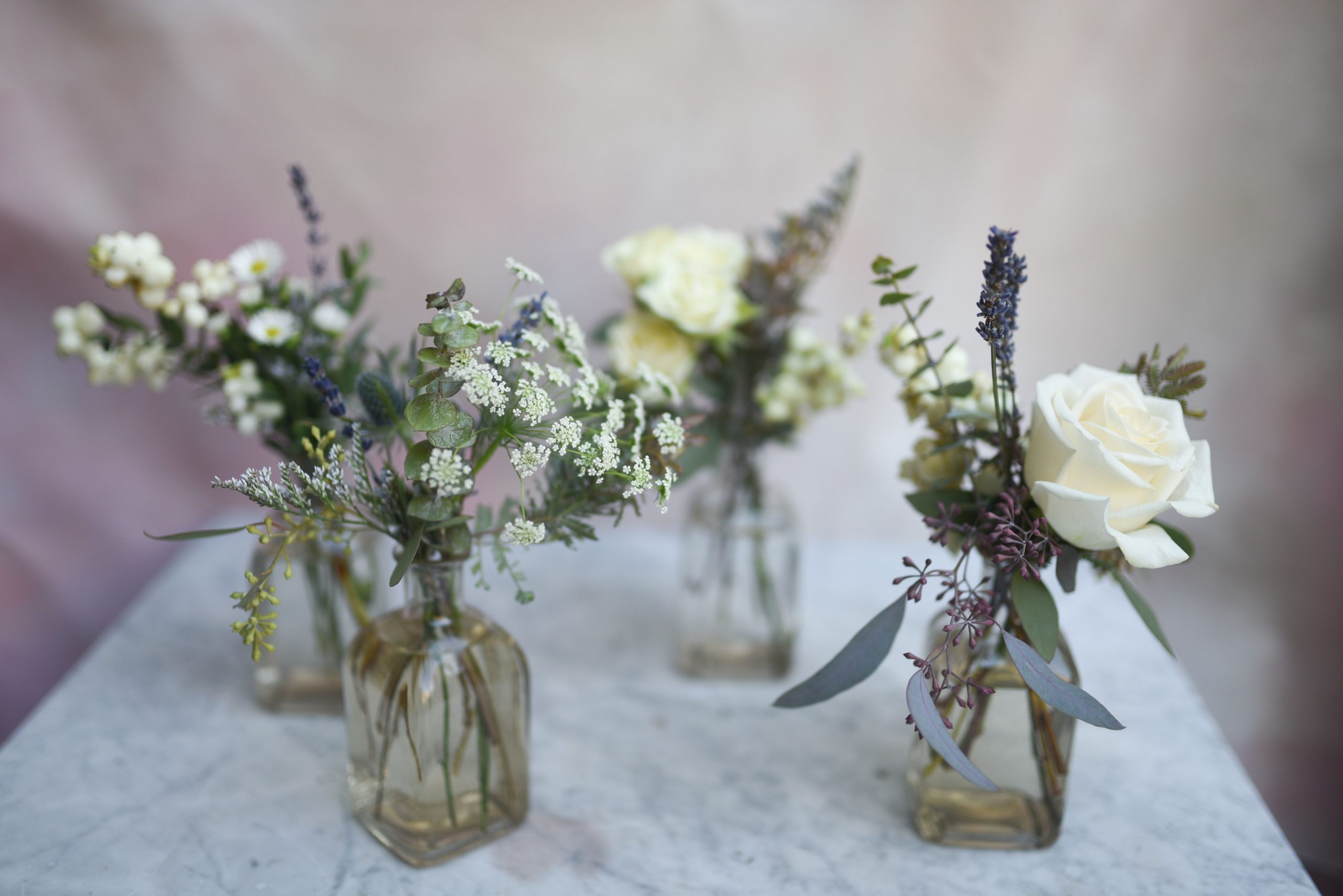 Mini Bud Vase Arrangement Featuring White Roses And Wild in dimensions 5778 X 3857