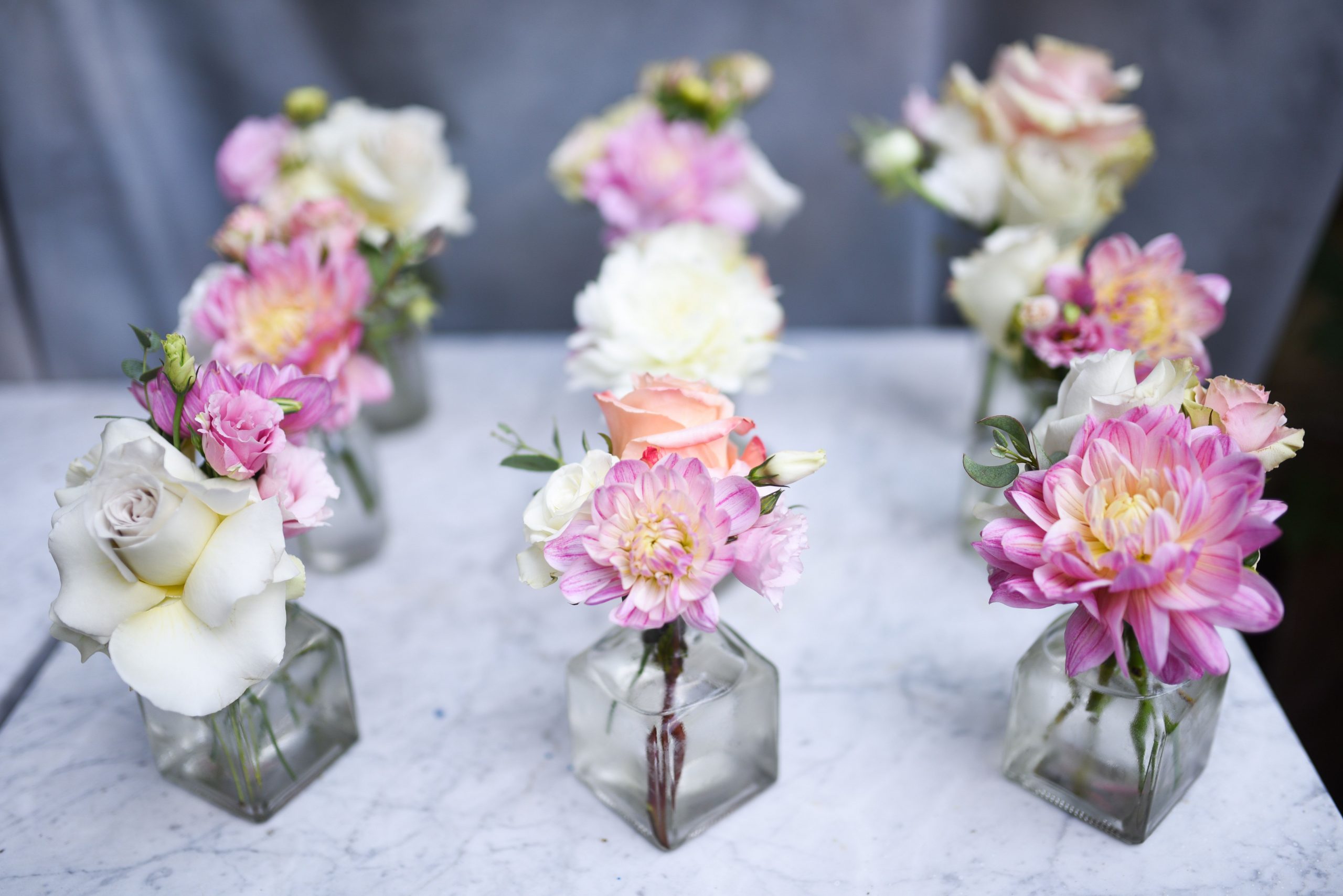 Mini Bud Vase Arrangement In Clear Bottles Featuring with proportions 6016 X 4016