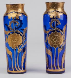 Pair Bohemian Art Nouveau Gold Overlay Blue Glass Vases C in dimensions 2500 X 2752