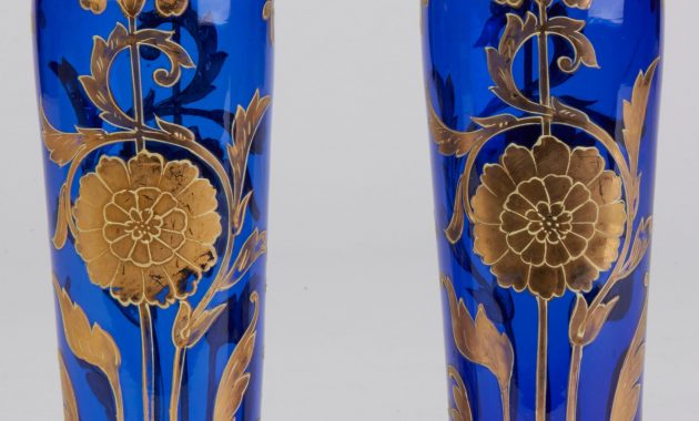 Pair Bohemian Art Nouveau Gold Overlay Blue Glass Vases C in dimensions 2500 X 2752