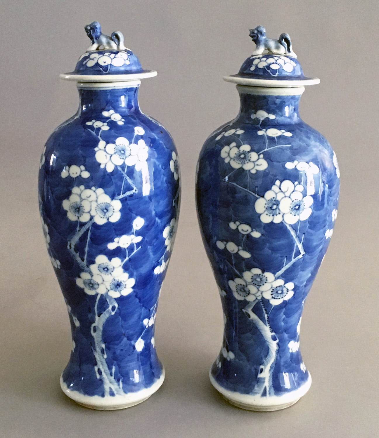 Pair Chinese Blue White Prunus Pattern Vases Lids inside sizing 1297 X 1500