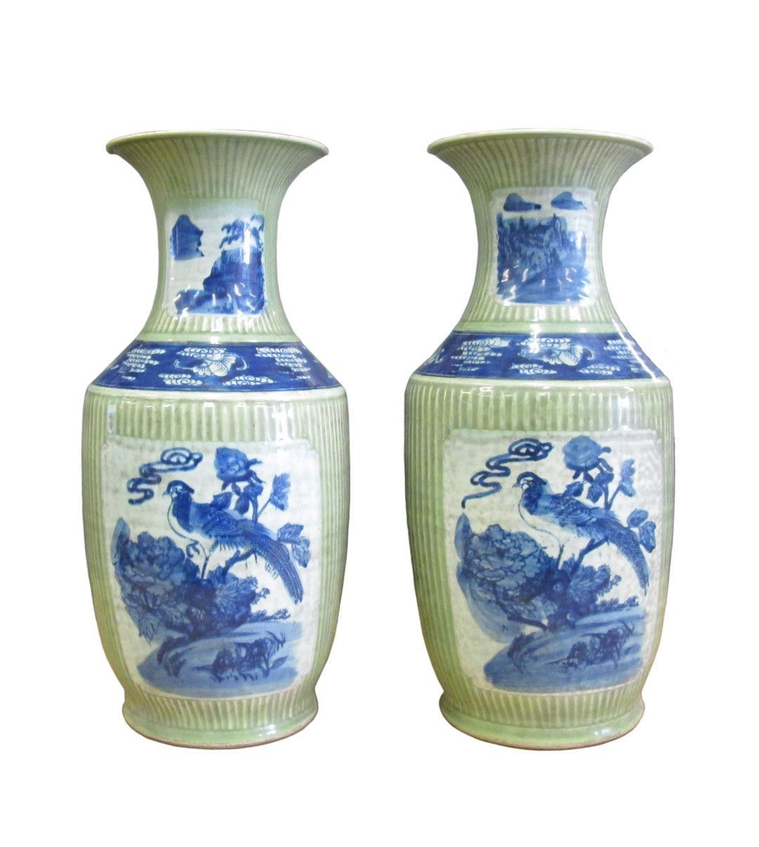 Pair Chinese Porcelain Blue Light Green Flower Bird Tall pertaining to measurements 1080 X 1204