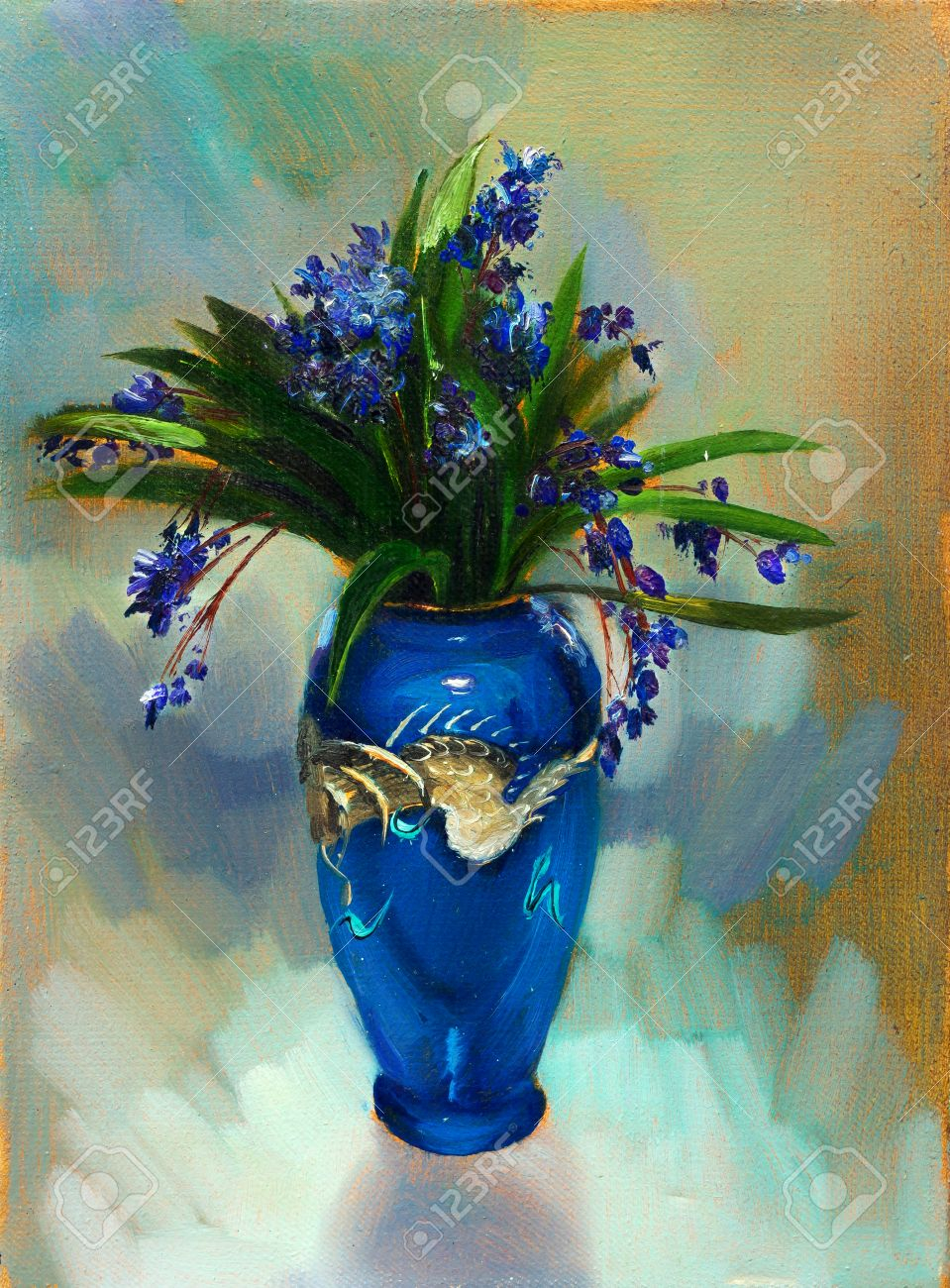 Peinture Nature Morte Lhuile Avec Des Fleurs Bleues Dans Le Vase Chinois Avec Le Dragon Sur La Toile Avec La Texture De Fond Color inside dimensions 959 X 1300