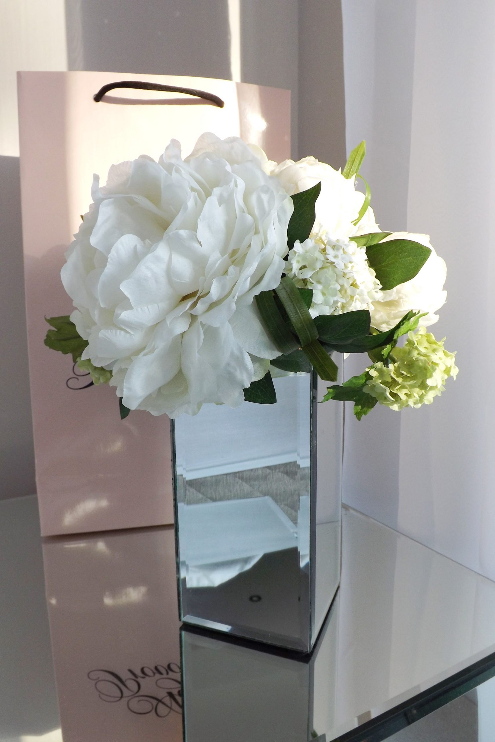 Peony And Gelder Rose In A Tall Mirrored Vase White in sizing 1862 X 2793