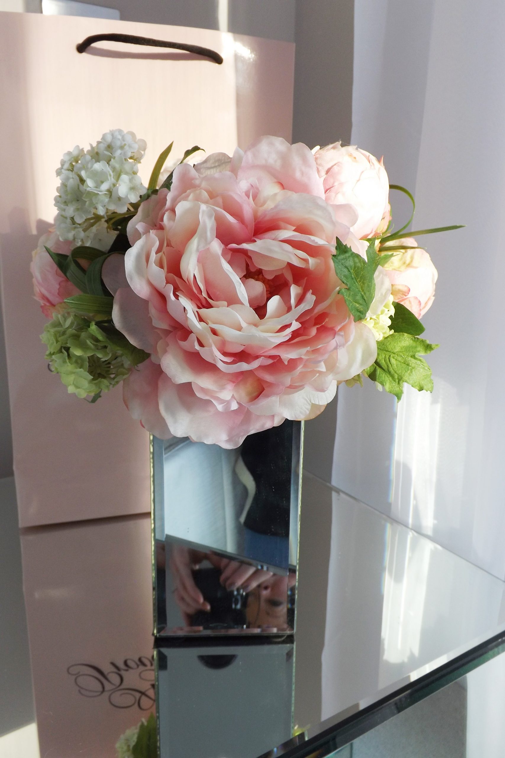 Peony Guelder Rose In A Tall Mirrored Vase Pink with sizing 1862 X 2793