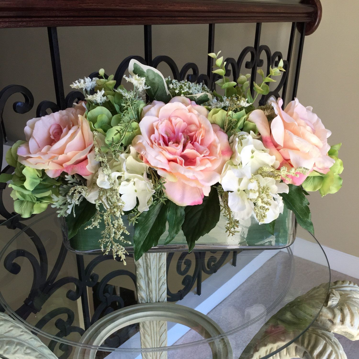 Pink Peach Wedding Centerpiece With Roses And Greens In A for proportions 1500 X 1500