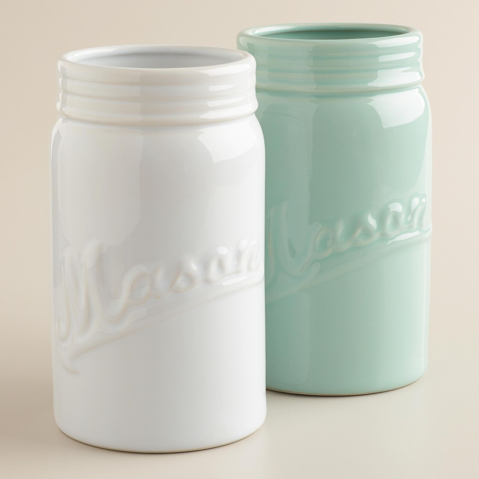 Set Of 2 Large Mason Jar Vases Ceramic White Aqua Green Vintage Embosssed with regard to size 1600 X 1600