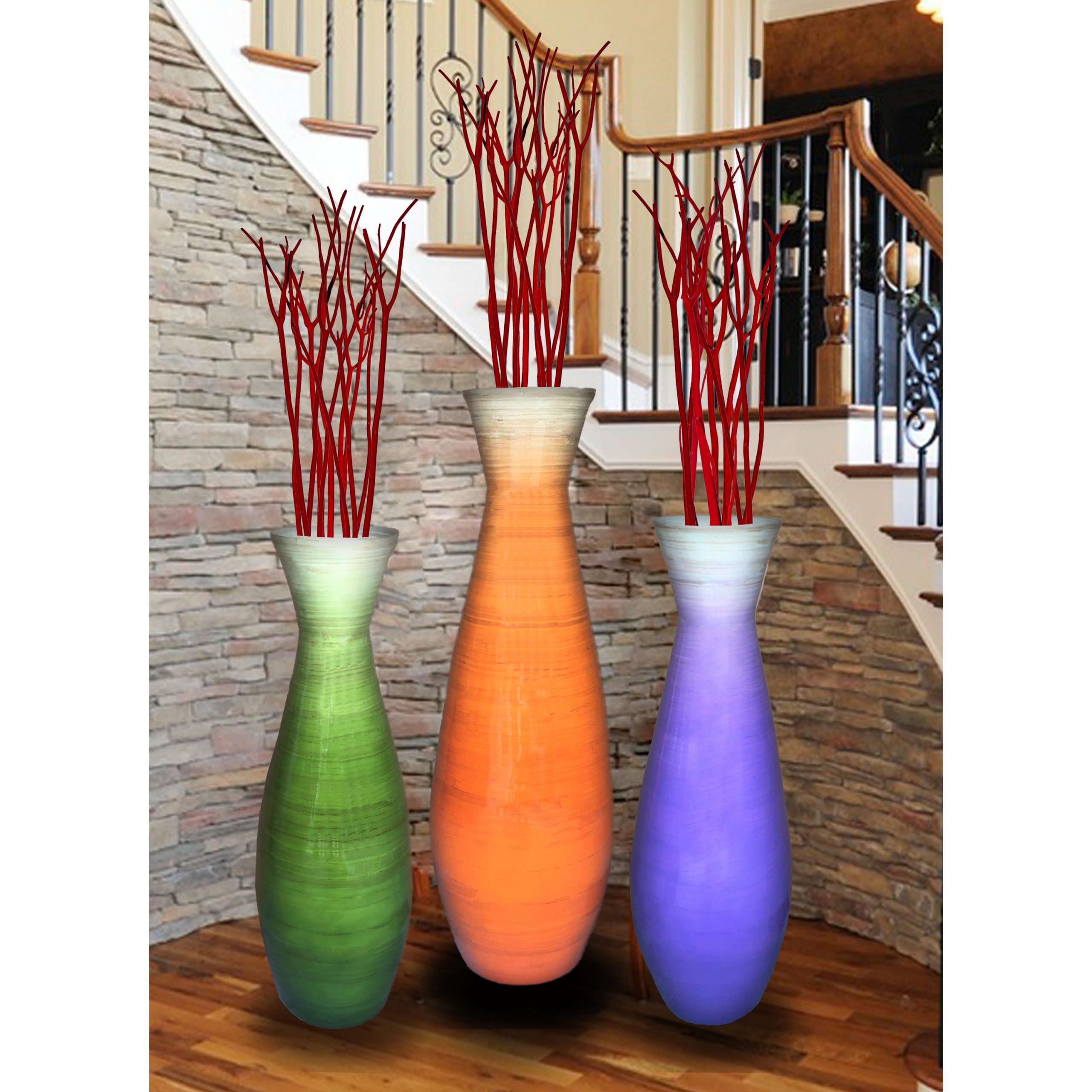 Set Of 3 Tall Bamboo Floor Vases In Orange Purple And Green with dimensions 3000 X 3000