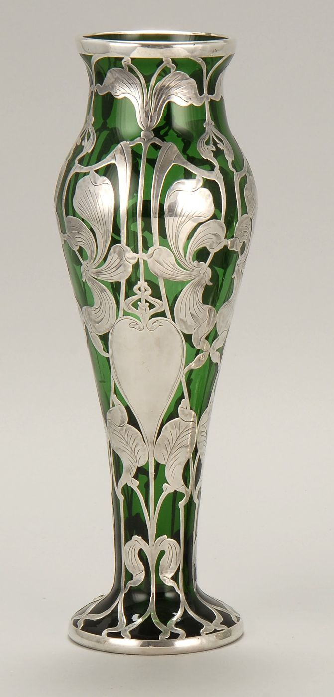 Sterling Silver Overlay Emerald Green Glass Vase Early 20th regarding proportions 671 X 1400