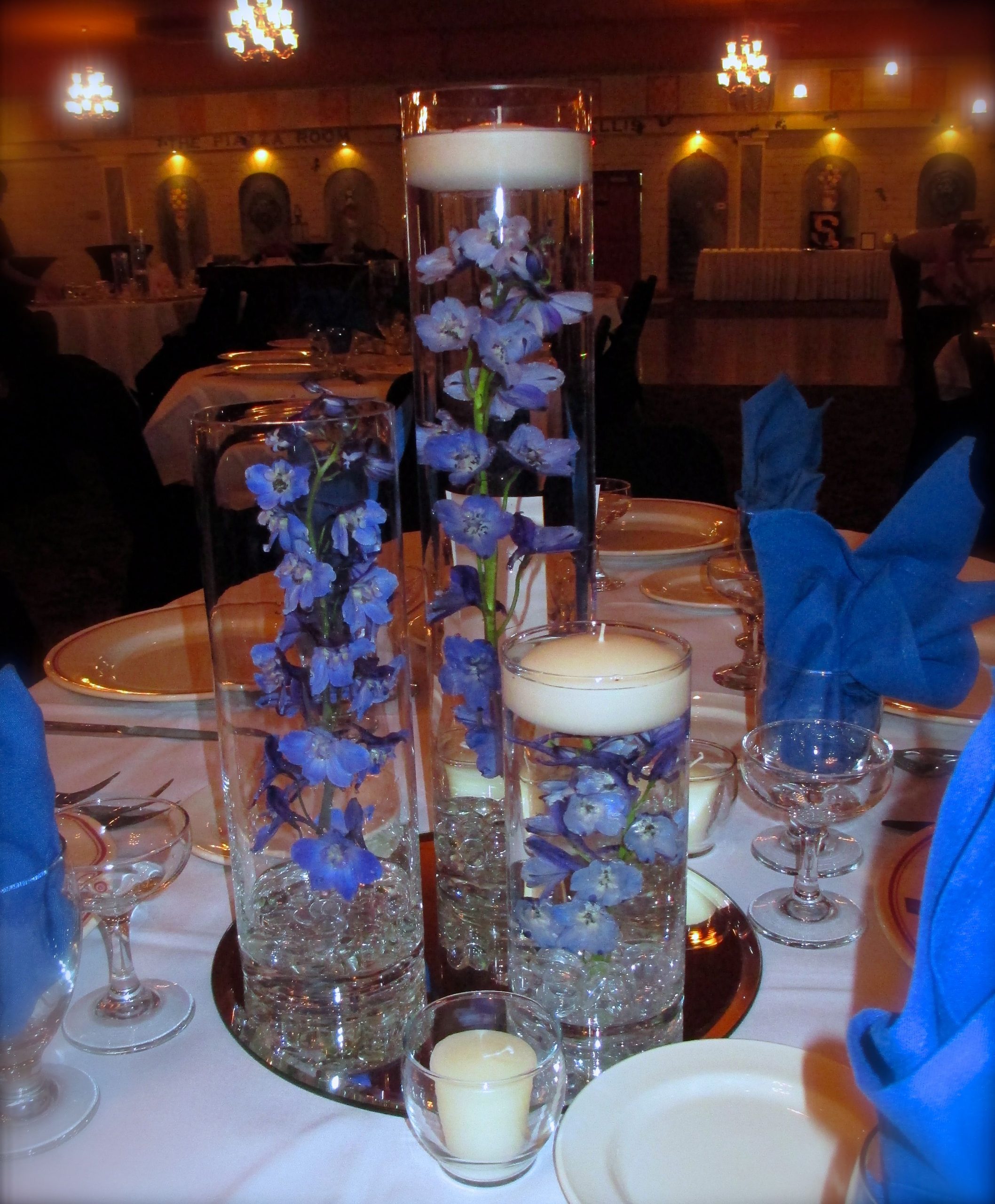 Trio Vase With Blue Delphinium With Our Floating Candles for size 2912 X 3523